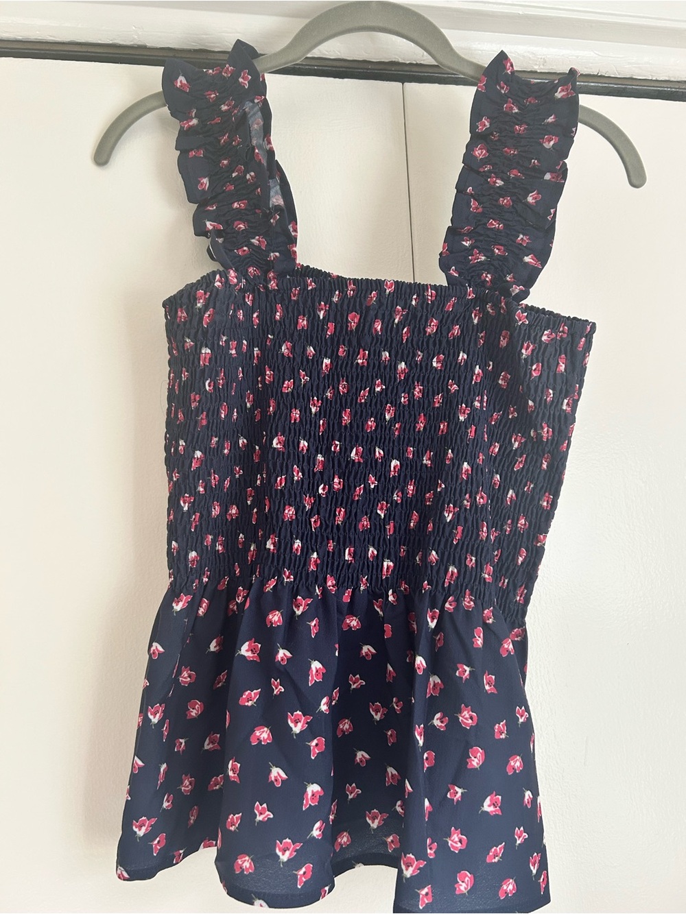 Smocked Navy Tank Top with Pink Floral Print
